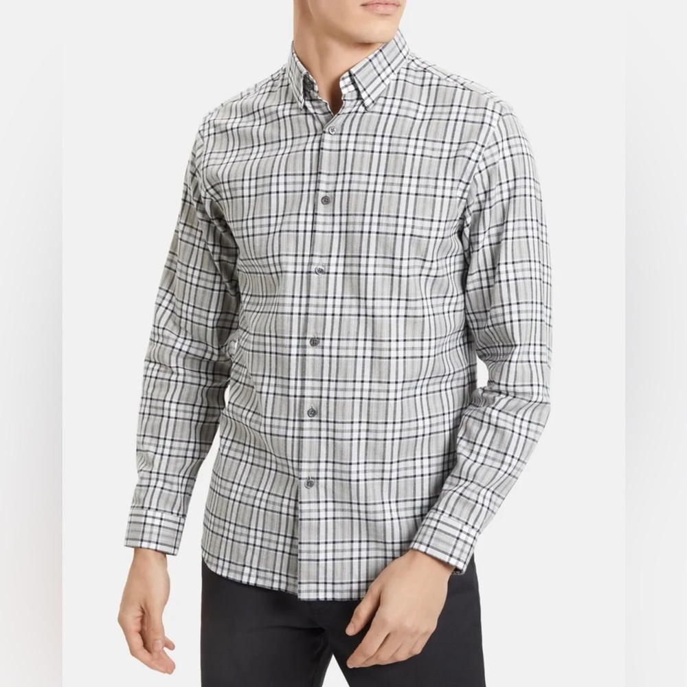 NWT Theory Grey Multi Comfort Check Irving BD Standard-Fit Shirt Cotton XXL